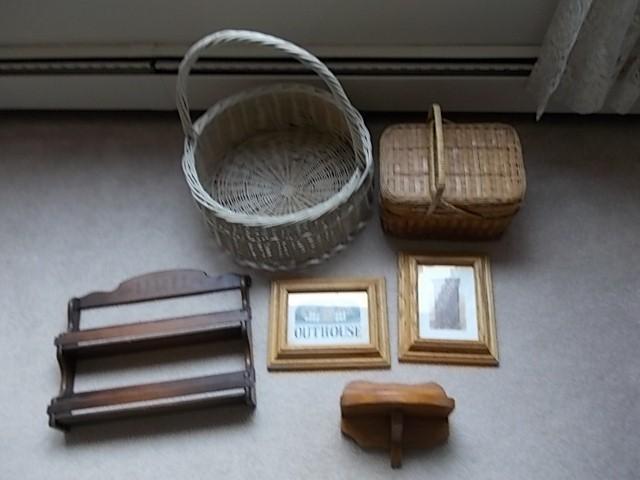 lot 79 image: Wicker Baskets, Oak Wall Shelf, Spi...