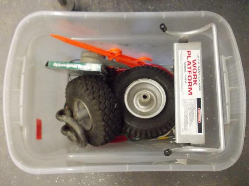 lot 89 image: Tote Bin Full Rubber Tires, Ladder...