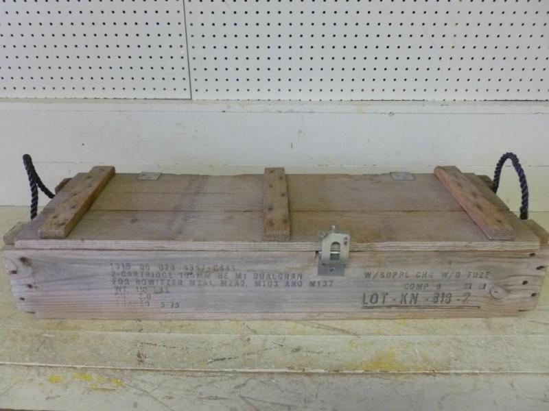 lot 52 image: Large 105mm Howitzer wooden cartrid...