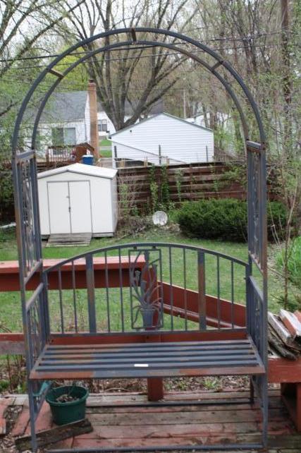 lot 227 image: Iron trellis with bench 84 x 48 x 2...