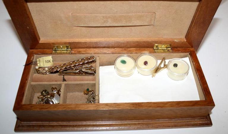 lot 262 image: Brown wood Jewelry box with content...