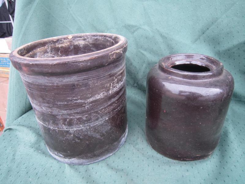 lot 33 image: 2 Brown Crocks 7 12 d x 8tall 5 1...