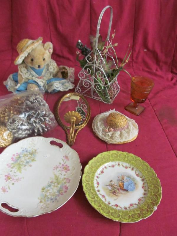 lot 150 image: 2 Decorative Plates, Wire Basket wi...