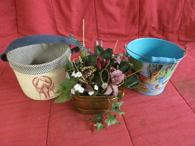 lot 169 image: 2 Pails - 1 Metal and Planter with ...