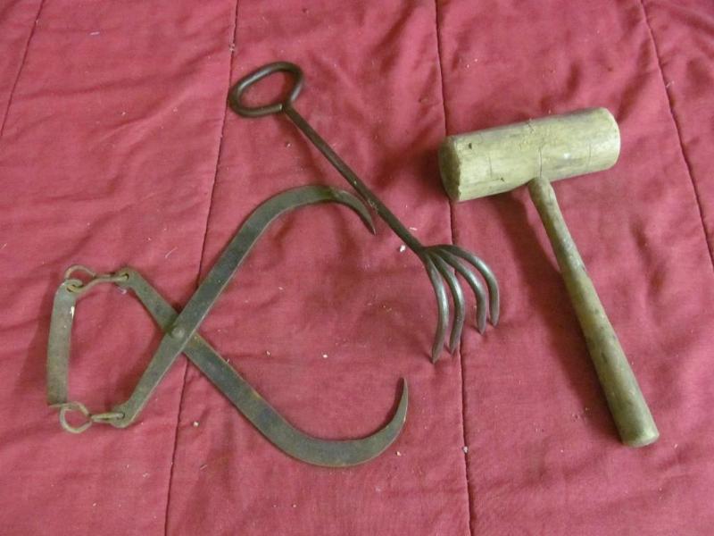 lot 31 image: Vintage Mallet, Ice Tongs, pick...