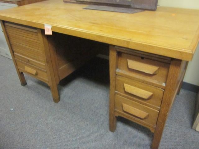 lot 111 image: Solid oak office desk, 60 x 31 x 32...