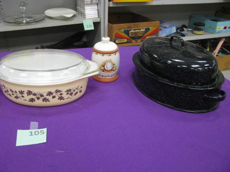 Pyrex dish with lid a garlic holder...