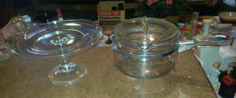 Vintage cake plate and sauce pan...