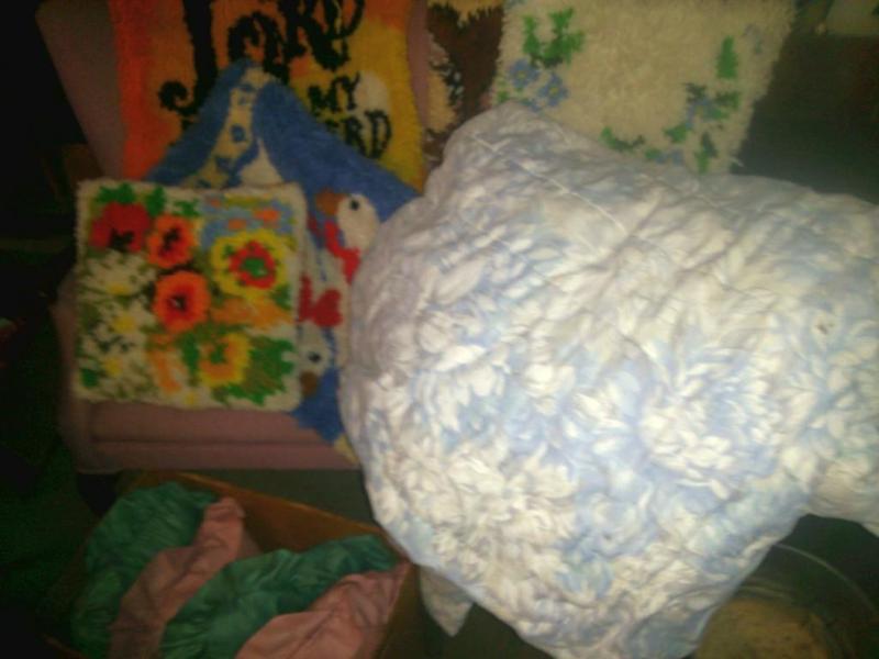 Lot of bed spread, latched hook rug...
