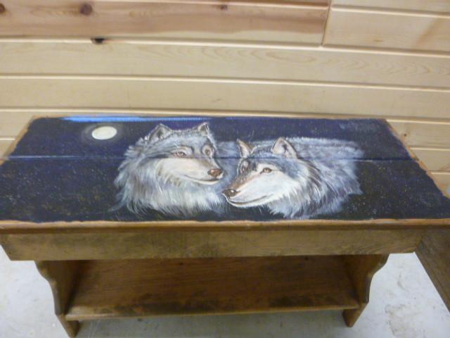 lot 189 image: Wood Bench with Wolves Painted on S...