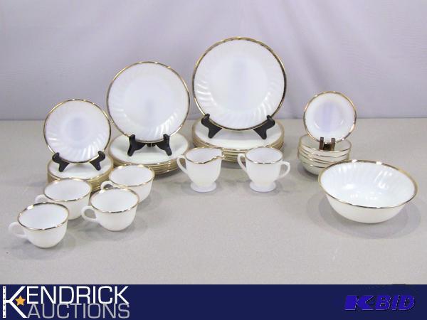 lot 102 image: 32 Piece Fire King Gold Trimmed Dish Set