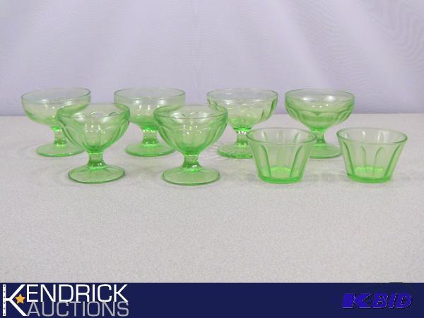 lot 109 image: 3 Sets of Green Depression Glass Sorbet Cups