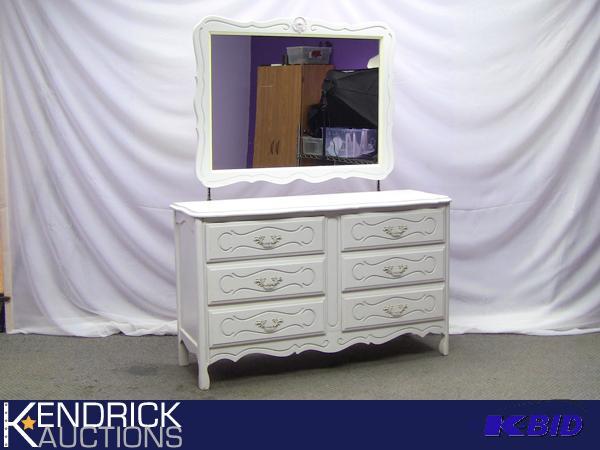 lot 11 image: Vintage 50s Solid Painted Wood Chest of Drawers Lowboy Dresser and Mirror