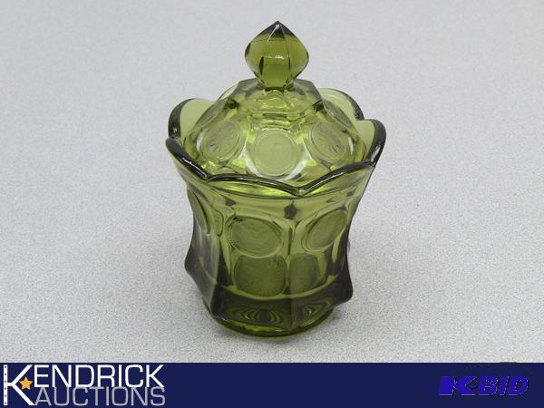 lot 110 image: Green Depression Glass Covered Dish