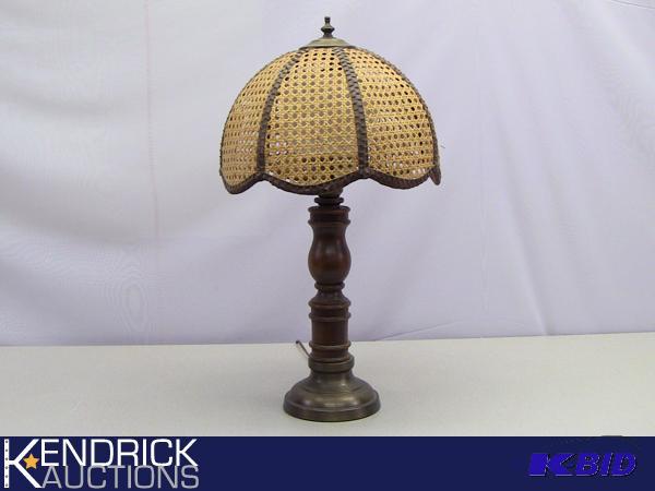 lot 30 image: Rattan Shaded Turned Wood Lamp