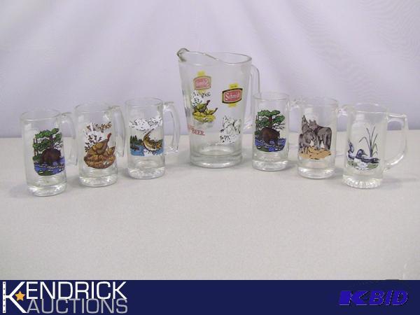 lot 85 image: 7 Piece Lot Of Mint Condition Vintage Schmidt Beer Pitcher and Glasses