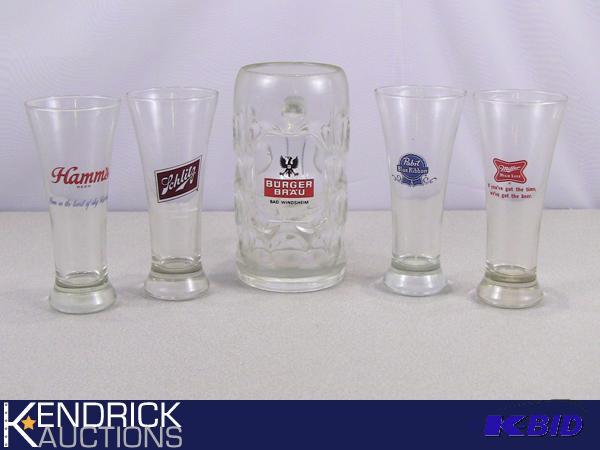 lot 86 image: 5 Piece Lot of Advertising Beer Glasses