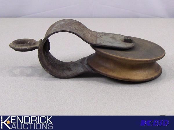 lot 88 image: Large Antique Steam Punk Style Barn Pulley With Wood Wheel