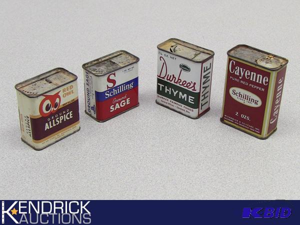 lot 95 image: Lot of 4 Vintage Spice Tins Filled with Their Appropriate Spices