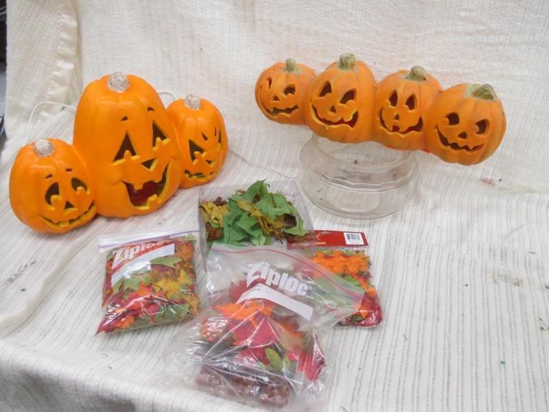 Fish bowl, lighted pumpkins, maple ...