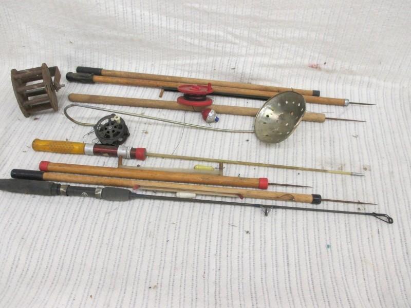 Ice fishing poles, scoop and rattle...
