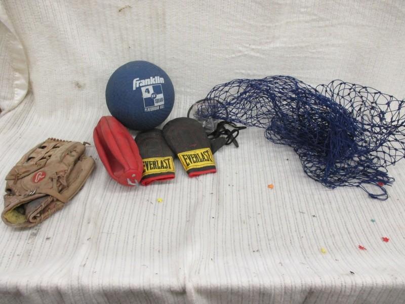 Softball glove, ball, punching bag ...