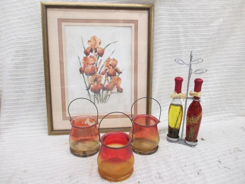 Picture, candle holders, oil decant...