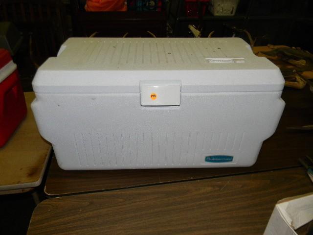 lot 142 image: Large white Rubbermaid cooler...
