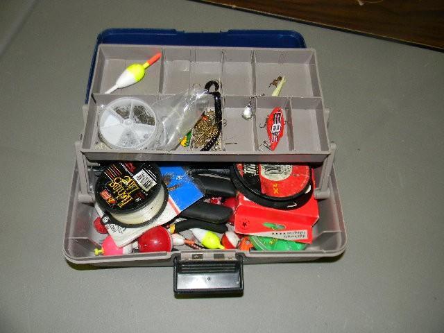 lot 148 image: Blue tackle box with lots of misc. ...