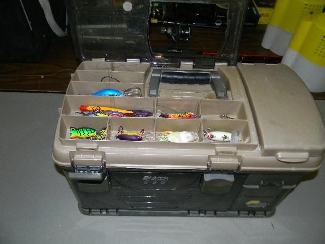 lot 149 image: Very nice large tan tackle box full...