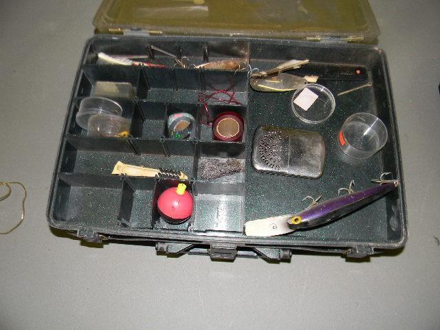 lot 150 image: Green tackle box with misc. lures a...