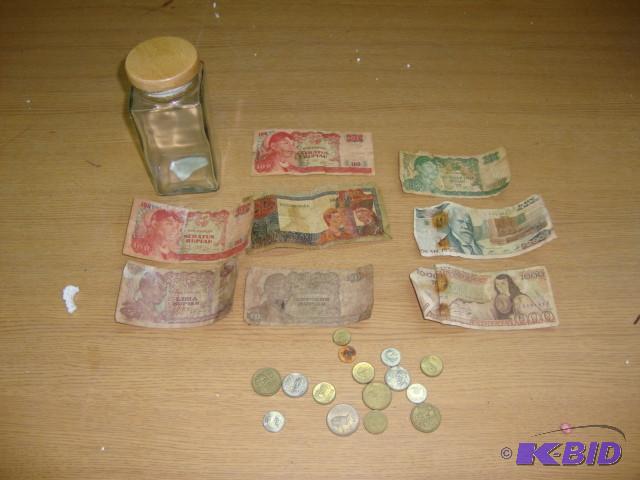 Jar of Foreign Currency &amp Coins...