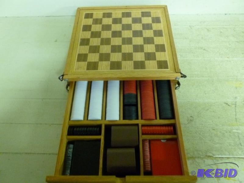 lot 230 image: Wooden checker board and card game ...