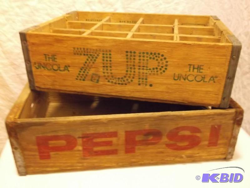 lot 34 image: PEPSI & 7UP wooden pop bottle c...