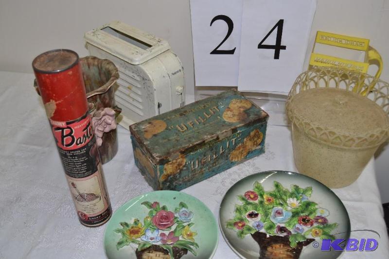 lot 24 image: Milk carton holder, curler hamper, old tim