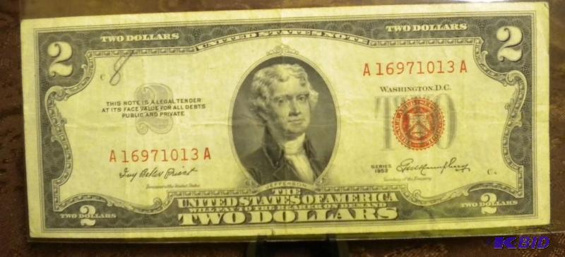 lot 16 image: 1953 US TWO DOLLAR BILL RED SEAL NO...