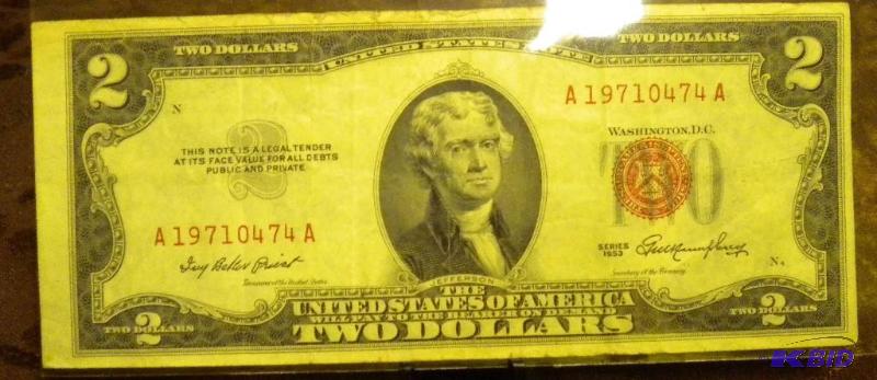 lot 17 image: 1953 US TWO DOLLAR BILL RED SEAL NO...