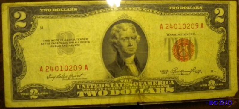 lot 18 image: 1953 US TWO DOLLAR BILL RED SEAL NO...