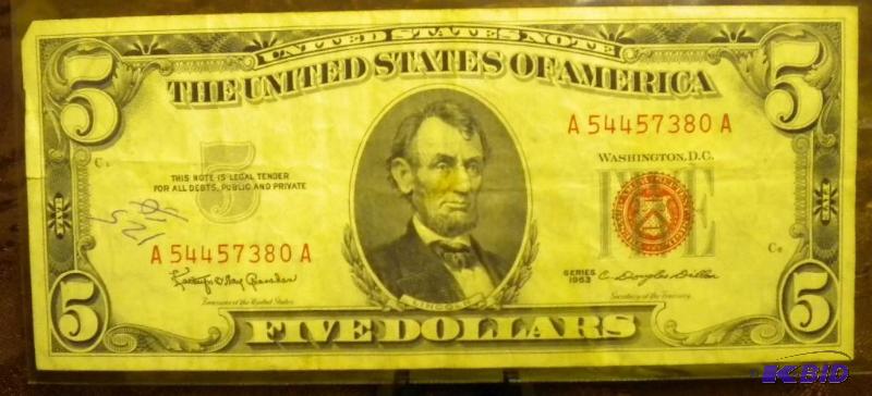 lot 19 image: 1963 US FIVE DOLLAR BILL RED SEAL N...