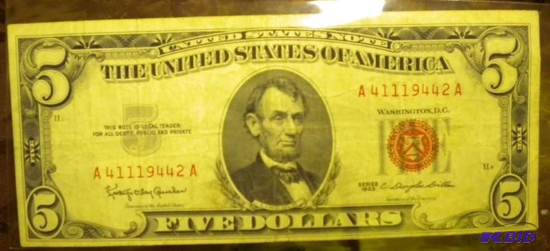 lot 20 image: 1963 US FIVE DOLLAR BILL RED SEAL N...