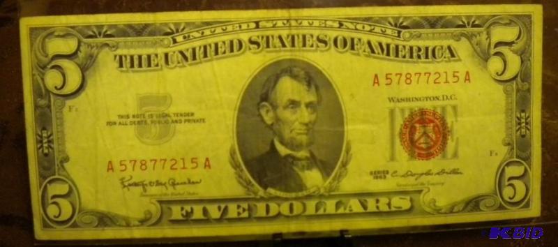 lot 21 image: 1963 US FIVE DOLLAR BILL RED SEAL N...