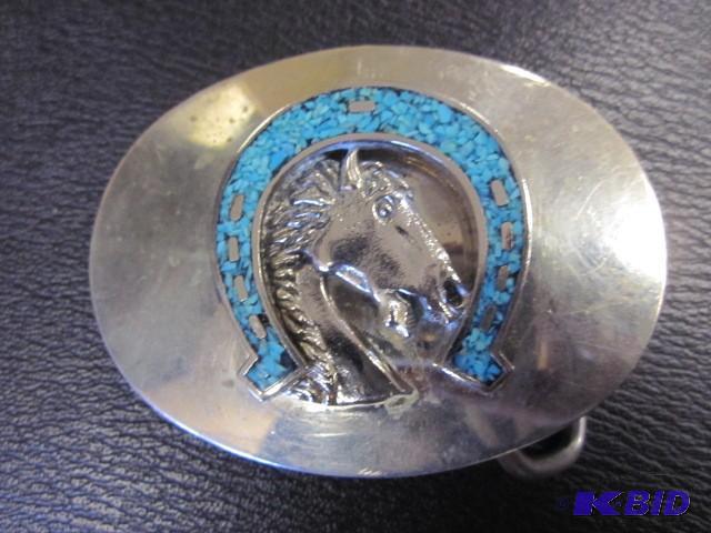 lot 15 image: Metal horse and horse shoe inlayed ...
