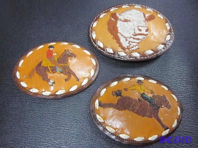 lot 16 image: (3) Leather rodeo belt buckles, (2)...