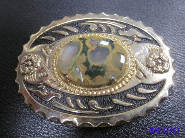 lot 21 image: Vintage brass belt buckle with inla...