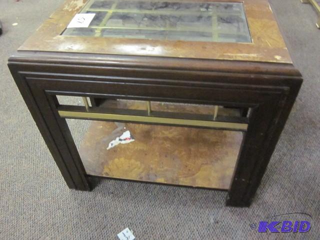lot 57 image: Small wood end table with glass and...