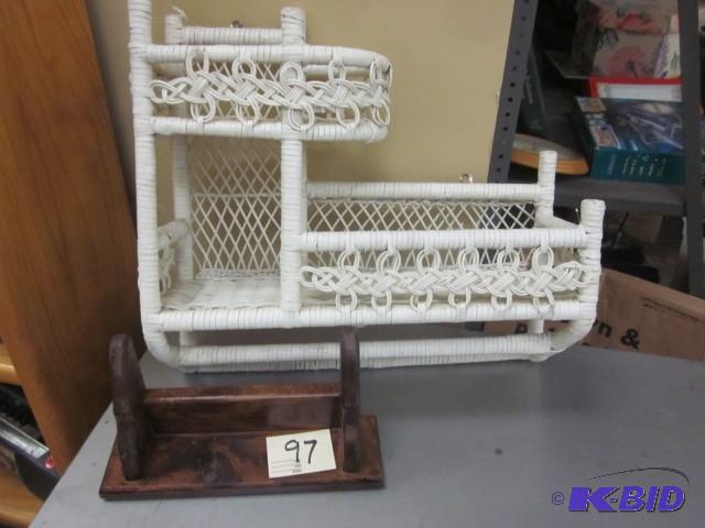 lot 97 image: Wicker and wood shelf....