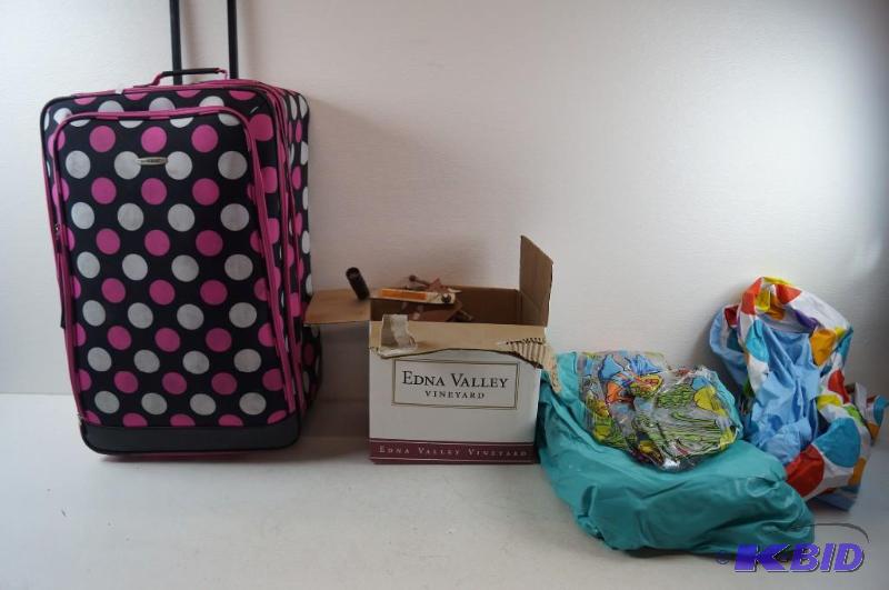 suitcase, boat winch, pans, kiddie pools