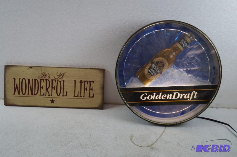 lighted sign and wooden sign