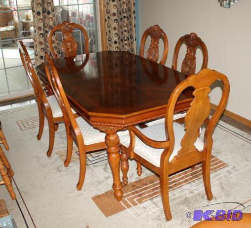 lot 1 image: Inlaid Wood Dining Table with Upholstered Carved Back Chairs