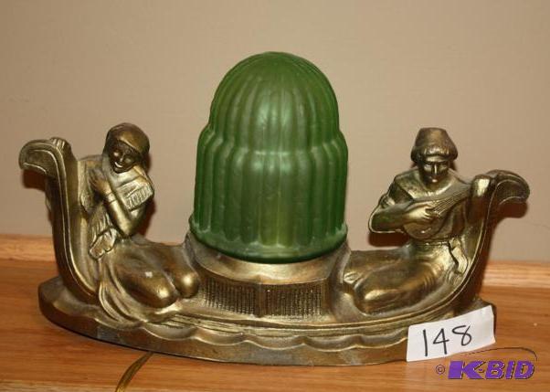 lot 148 image: Frankart Era Table Lamp Light Gondola Figural with Original Green Globe